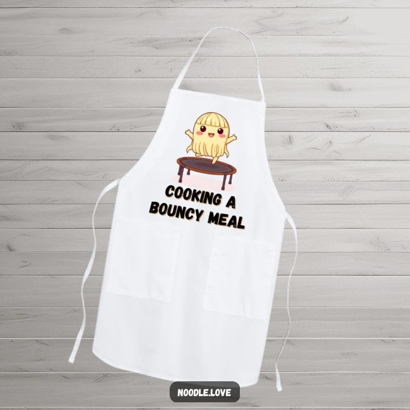 Funny apron with a noodle character energetically bouncing on a nori trampoline, ideal for adding humor to cooking and baking.