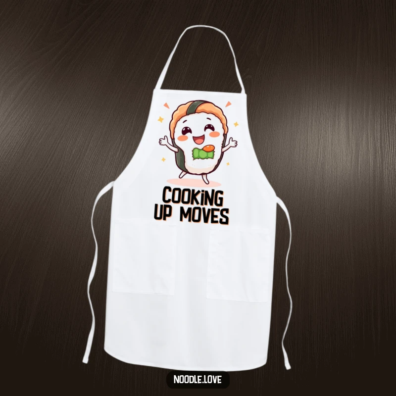 Funny Sushi Dance Apron: Gleeful sushi character dances happily while cooking, a fun and practical kitchen accessory.