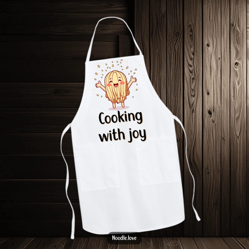 Funny apron showing a happy noodle character tossing sesame seed confetti, ideal for adding humor to cooking and kitchen activities.