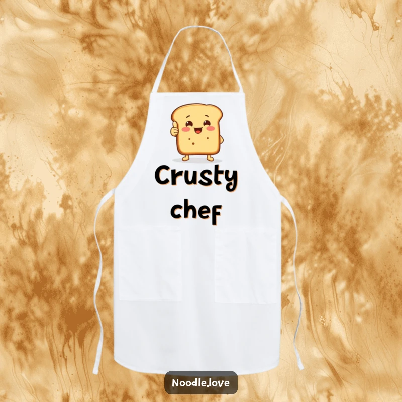 Funny thumbs-up bread apron showing a cheerful loaf with small feet giving a confident crusty thumbs-up while baking.