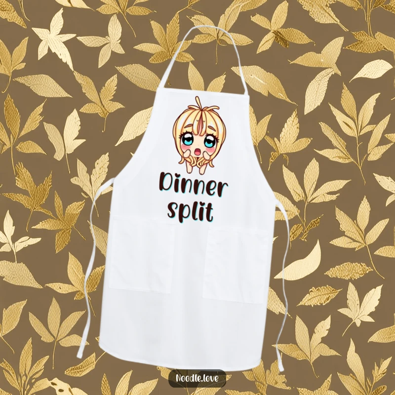 Funny apron showing a surprised noodle character splitting in half, with wide, shocked eyes, ready for kitchen fun.