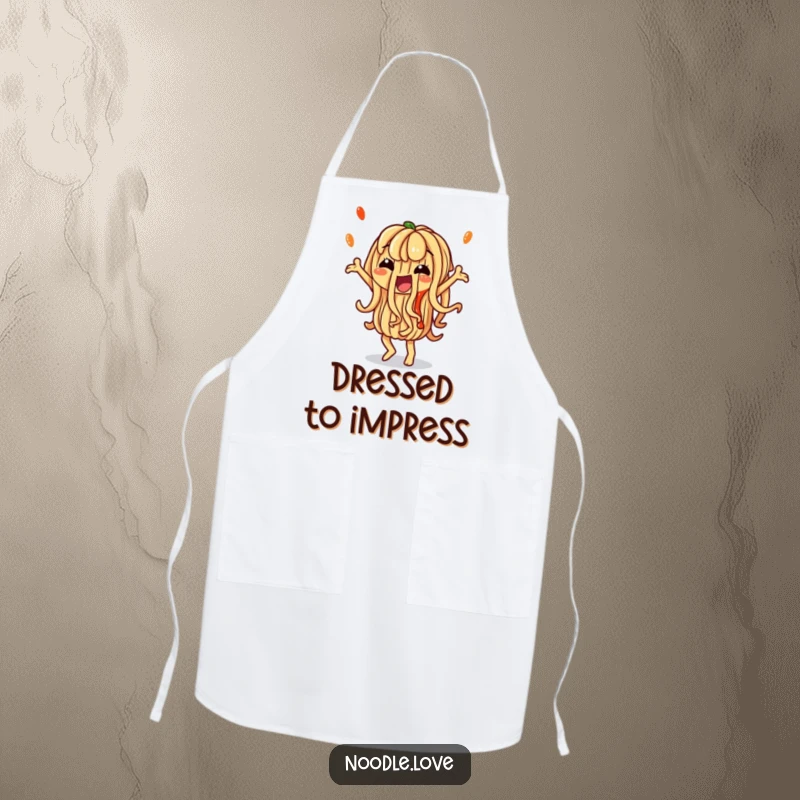Funny Noodle Apron: A noodle doing a silly dance with artistic sauce, ready for kitchen tasks with food fun, ideal for funny gifts.