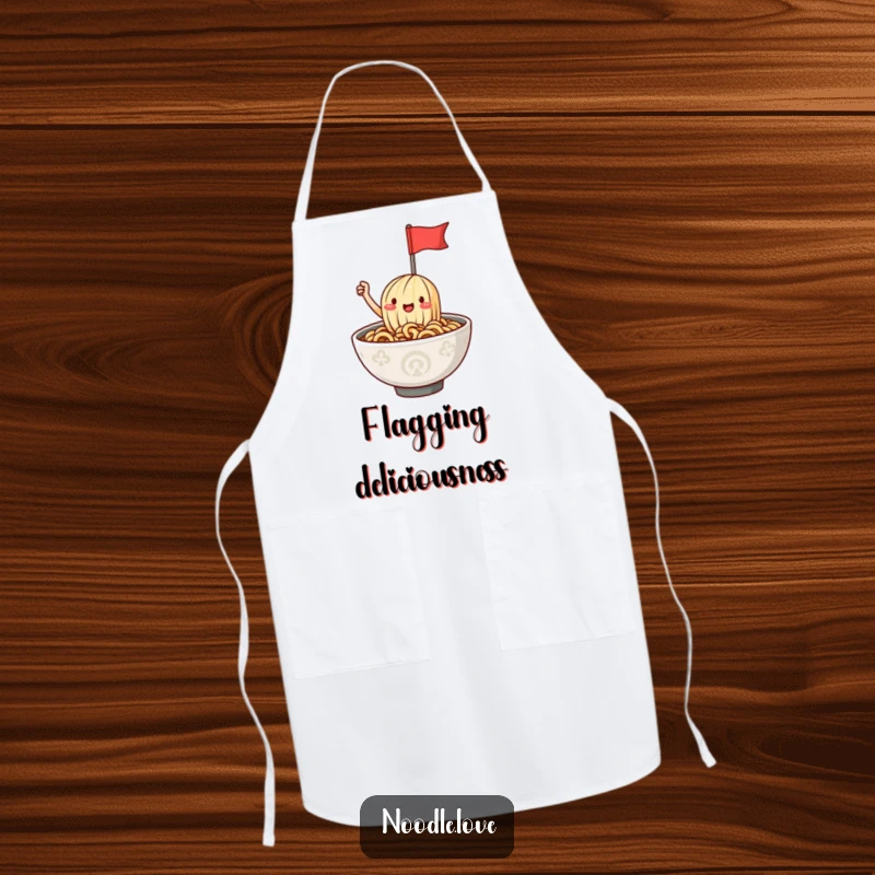 Funny ramen noodle apron depicting a joyful character waving a flag from a steaming bowl, perfect for kitchen fun and culinary creativity.