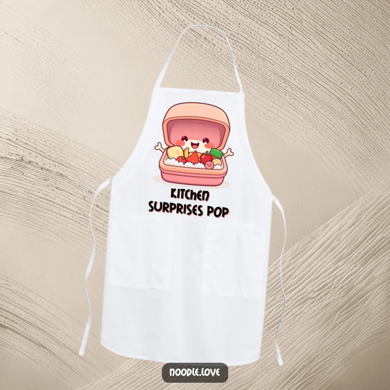 Funny bento box apron with a cheerful character popping open to reveal tiny smiling food, ideal for a humorous cooking experience.