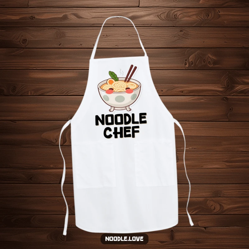 Funny blushing ramen apron showing a cute ramen bowl with swirling noodle legs, blushing while preparing food.