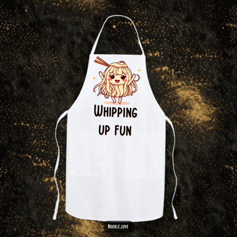 Funny Apron: a smiling noodle with eyes enthusiastically dancing with chopsticks, perfect for a fun cooking experience.