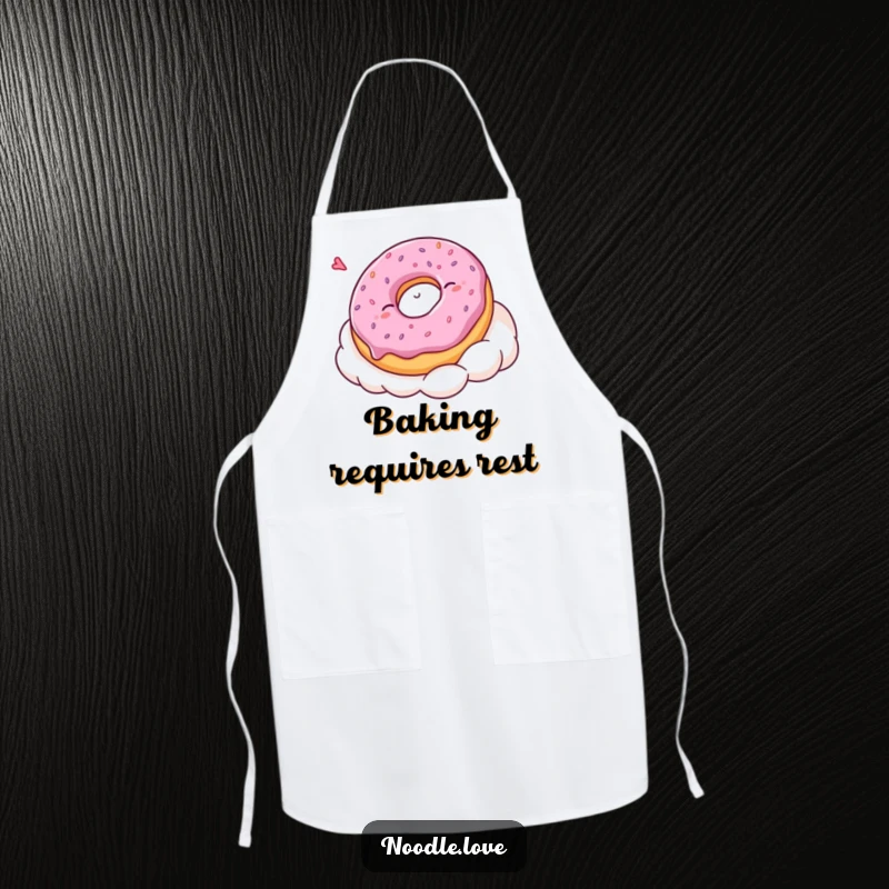 Funny Kawaii donut character napping on a cloud, depicted on a humorous kitchen apron, ideal for baking and cooking enthusiasts.
