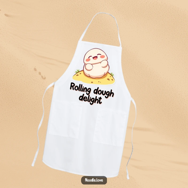 Funny Kawaii dumpling character giggling as it rolls down a hill, printed on a kitchen apron.
