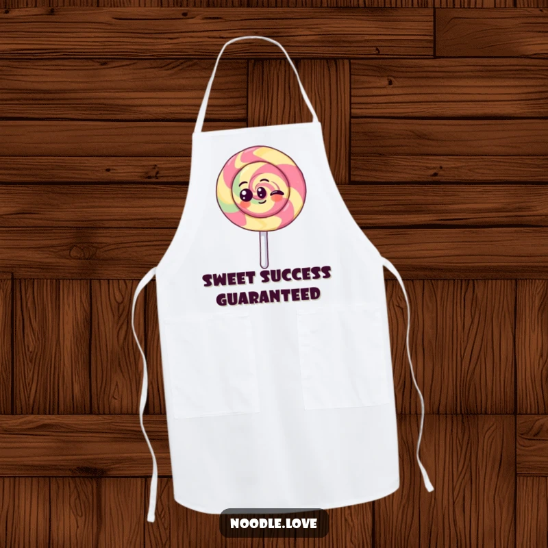 Funny Kawaii lollipop character spinning with joy, depicted on a humorous kitchen apron, ideal for baking and cooking.