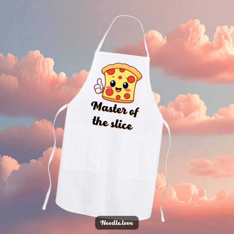 Funny Kawaii pizza slice character giving a thumbs up, depicted on a humorous kitchen apron, ideal for cooking and baking.
