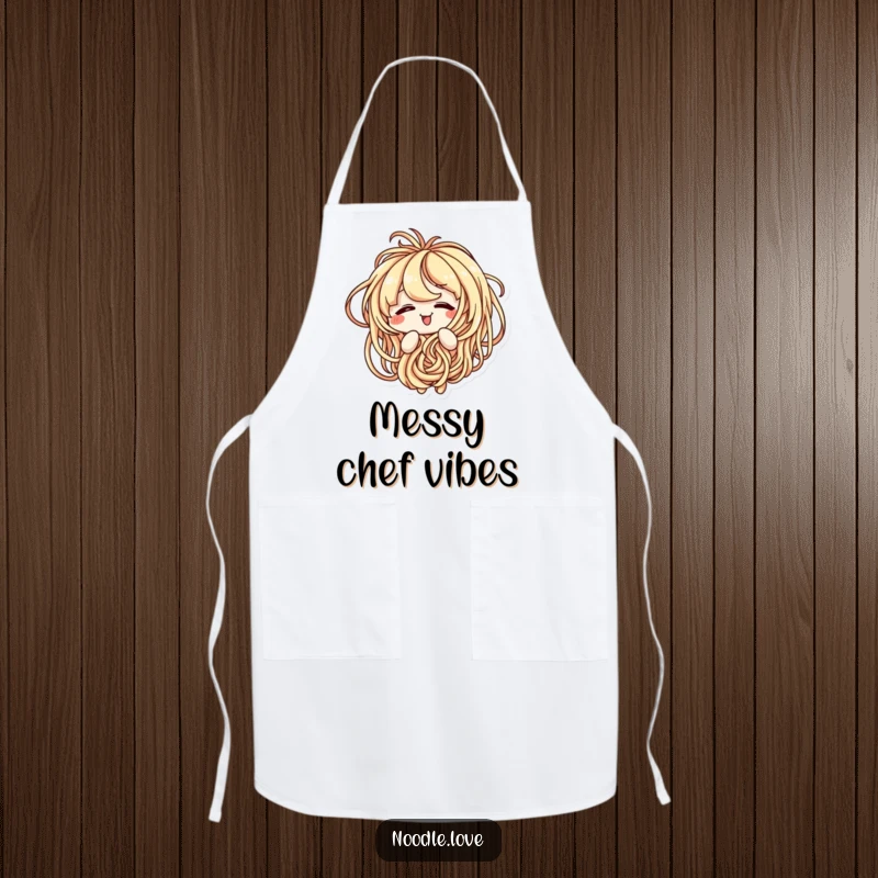 Funny apron featuring a noodle character amusingly tangled in its own strands, perfect for a playful cook.
