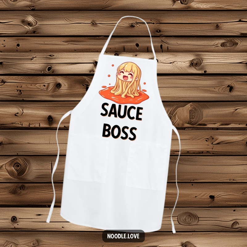 Funny apron with a noodle character gleefully splashing in a puddle of sauce, perfect for cooking.