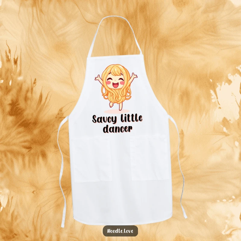 Funny apron with a happy noodle character joyfully doing a little dance, perfect for cooking.