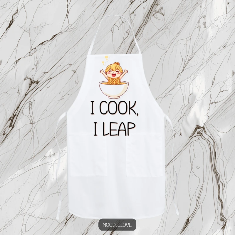 Funny smiling noodle character leaping joyfully out of a steaming bowl, kitchen apron humor.