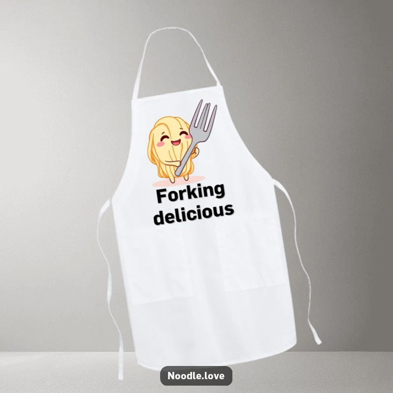 Funny Noodle Tease Apron, showing a grinning noodle character playfully teasing a giant fork, ideal for fun in the kitchen.