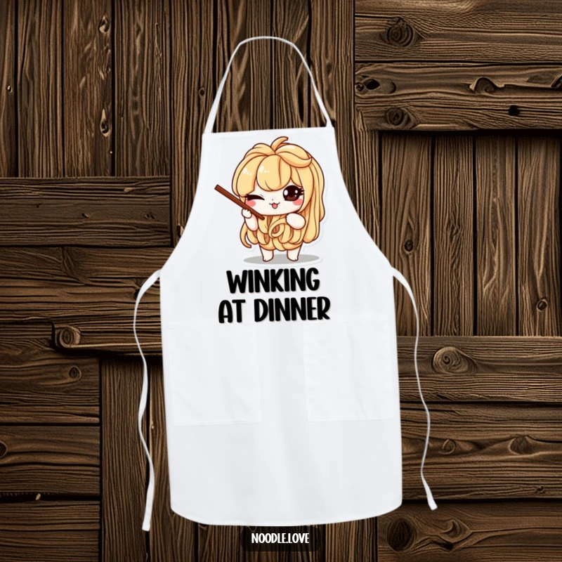 Funny apron with a mischievous noodle character winking while balancing tiny chopsticks, perfect for kitchen fun and a clean outfit.