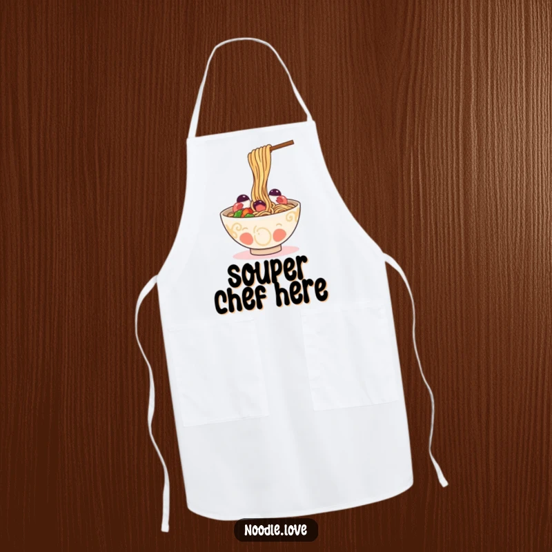 Funny Apron: a happy ramen bowl playfully slurping its own noodles, perfect for a fun cooking experience.