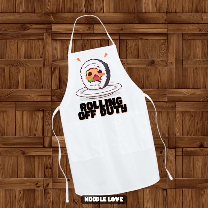 Funny sushi roll apron depicting a surprised character yelping as it rolls off a plate, ideal for kitchen adventures and culinary comedy.