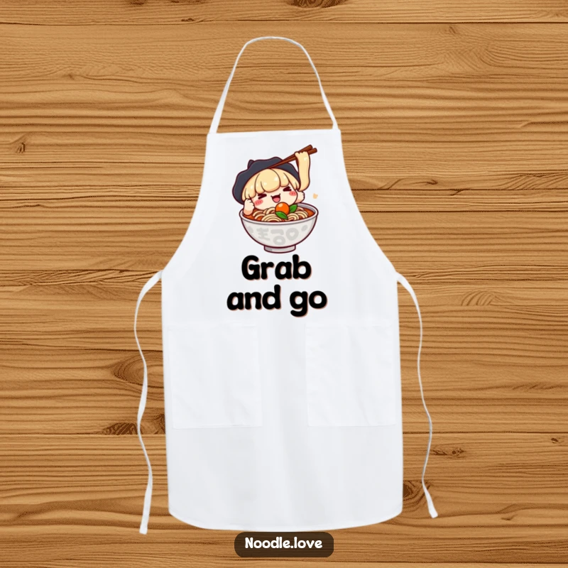 Funny apron with a kawaii ramen character playfully using chopsticks to grab a floating ingredient, ideal for kitchen antics and culinary fun.