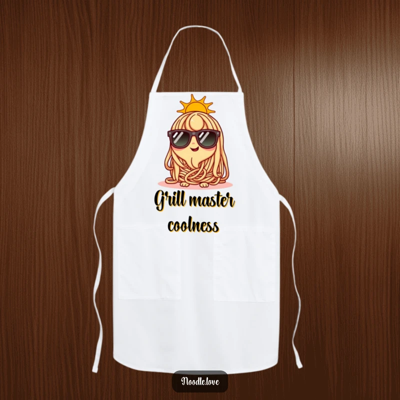 Funny happy noodle character wearing tiny sunglasses on a sunny day, kitchen fashion.