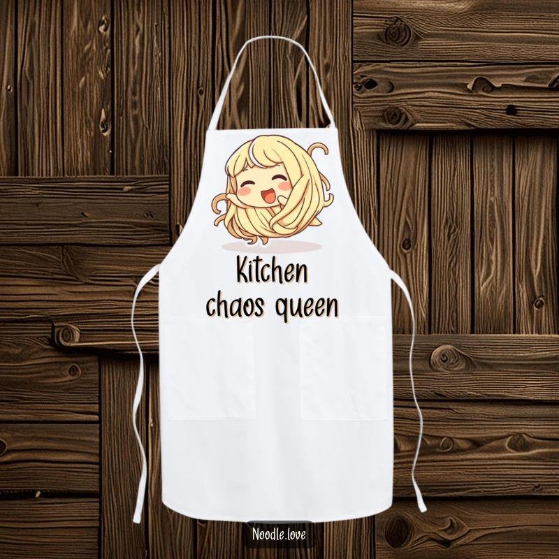 Funny apron with a giggling noodle character playfully tumbling, perfect for cooking.