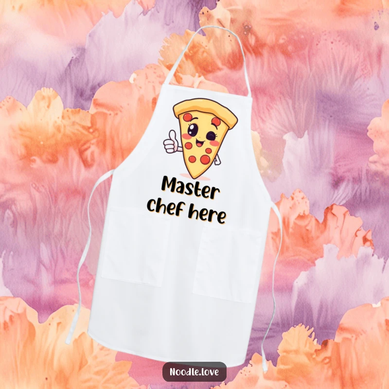 Funny pizza slice character apron giving a thumbs up, ready for kitchen adventures with a positive and protective, cheesy attitude.