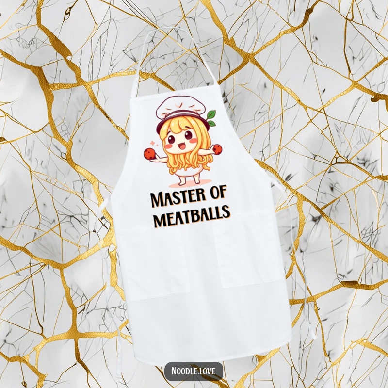 Funny Noodle Character Chef Juggling Meatballs Apron - Humorous cooking accessory for pasta lovers, practical funny gift.