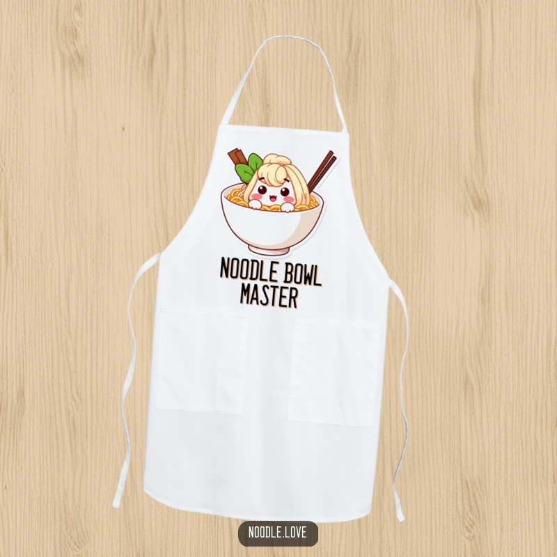 Funny ramen noodle character winking from inside a cozy bowl, a humorous and practical apron for culinary fun.