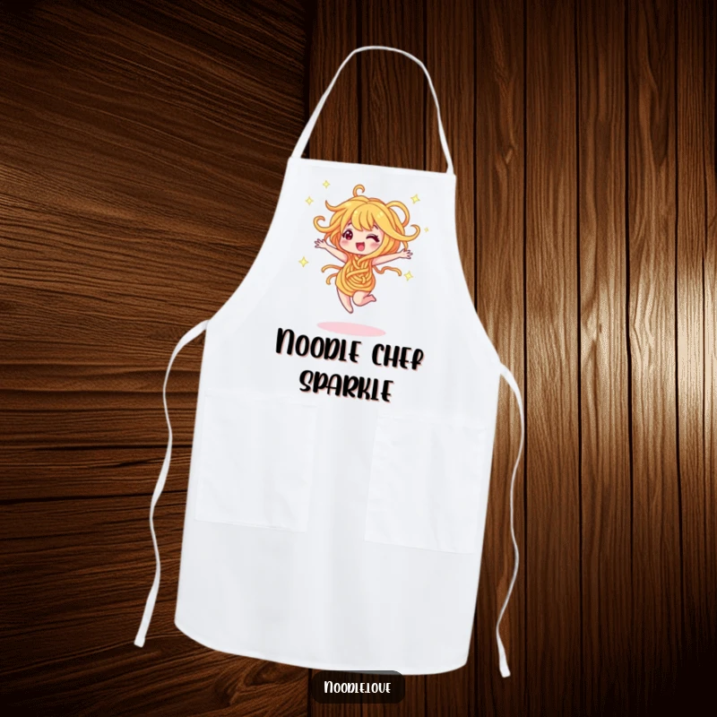 Funny apron showing a noodle character dancing and twirling with sparkles. A humorous and practical funny gift.