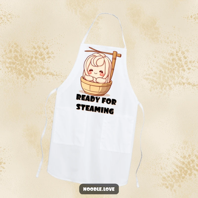 Funny udon noodle character smiling and embracing a bamboo steamer, a humorous and practical apron for kitchen fun.