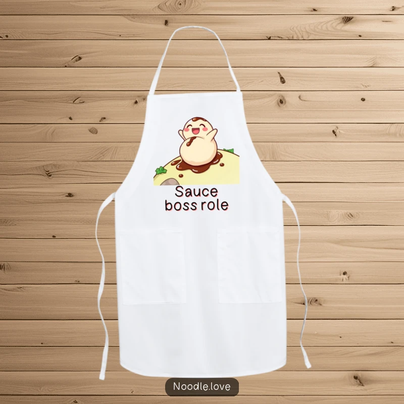 Funny dumpling apron with a delighted character rolling down a hill, covered in soy sauce, for a humorous cooking experience.