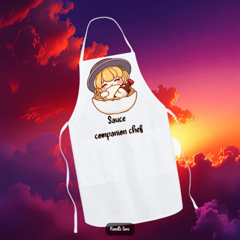 Funny noodle apron depicting a content character snuggling a tiny soy sauce bottle like a pillow, ideal for kitchen relaxation and foodie fun.