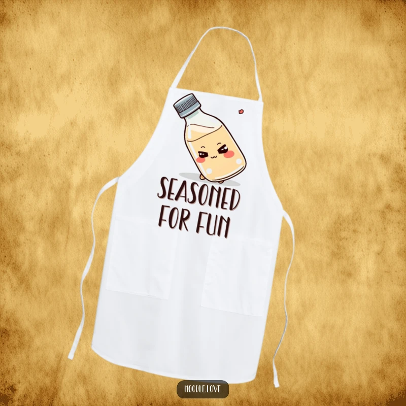 Funny Shoyu bottle apron, smirking, tipping playfully, cute chef accessory, kitchen humor wear, ideal funny gift.