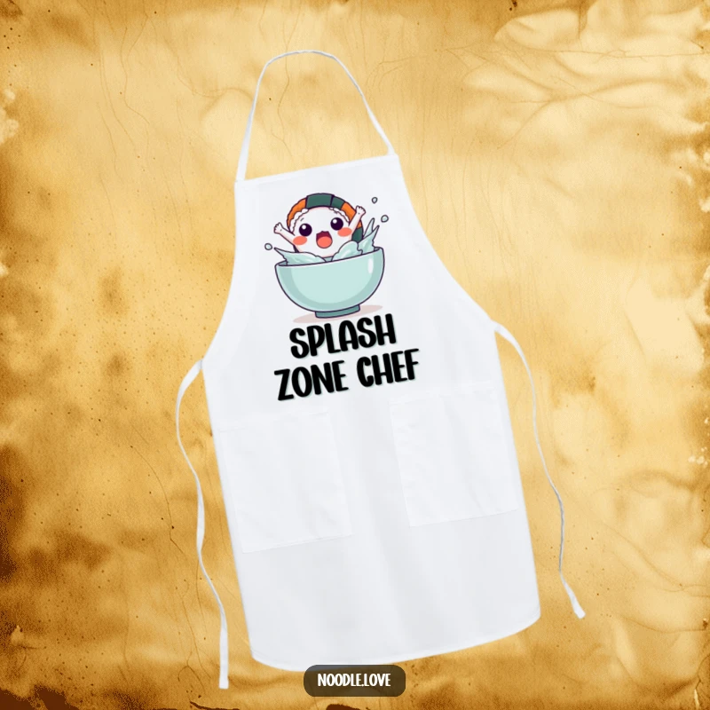 Funny Kawaii sushi character making a surprised, splashy exit from a bowl, printed on a kitchen apron.