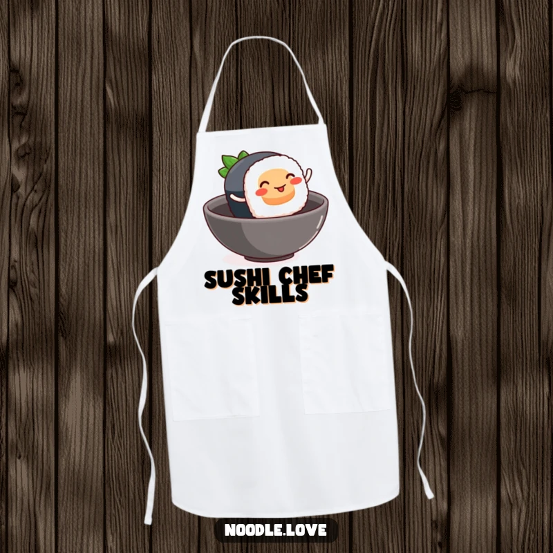 Funny sushi apron, a smiling sushi piece with tiny rolling legs leaping into a bowl, kitchen food humor.