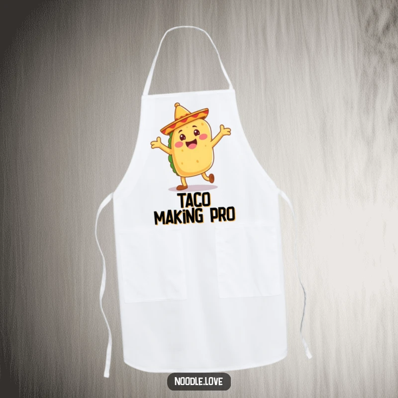 Funny taco apron, a jubilant taco with floppy sombrero legs dancing, festive kitchen humor.