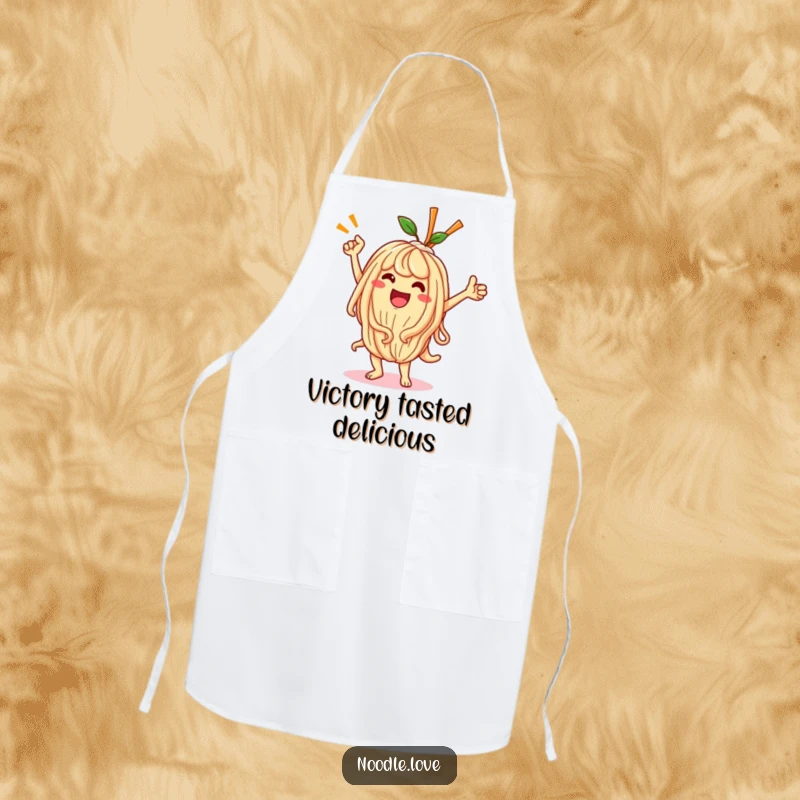 Funny Kawaii noodle character performing a triumphant victory dance, printed on a chef's kitchen apron.