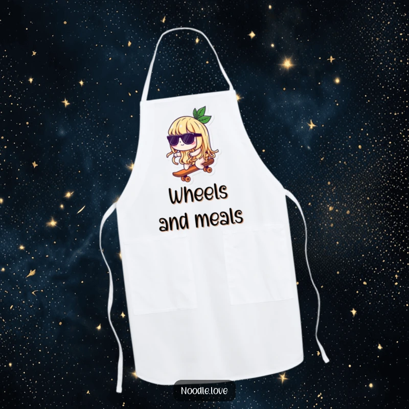 Funny apron showcasing a noodle character in sunglasses skateboarding, ready to add a splash of humor to any cooking or crafting session.