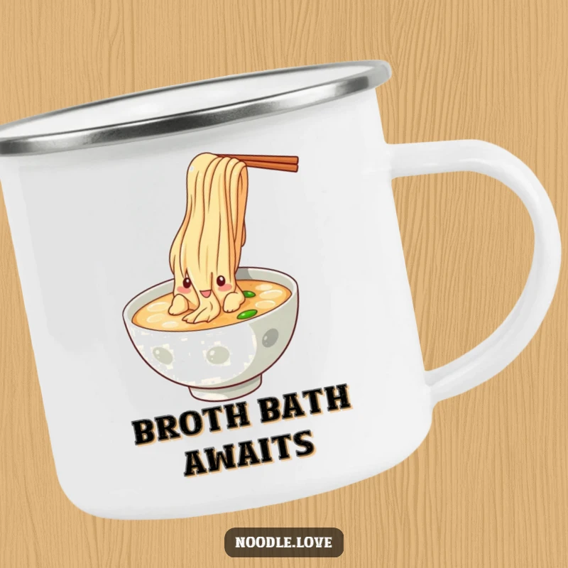 Funny Noodle Dive Camping Mug, showing a noodle character dramatically plunging into broth, perfect for outdoor foodie enjoyment.