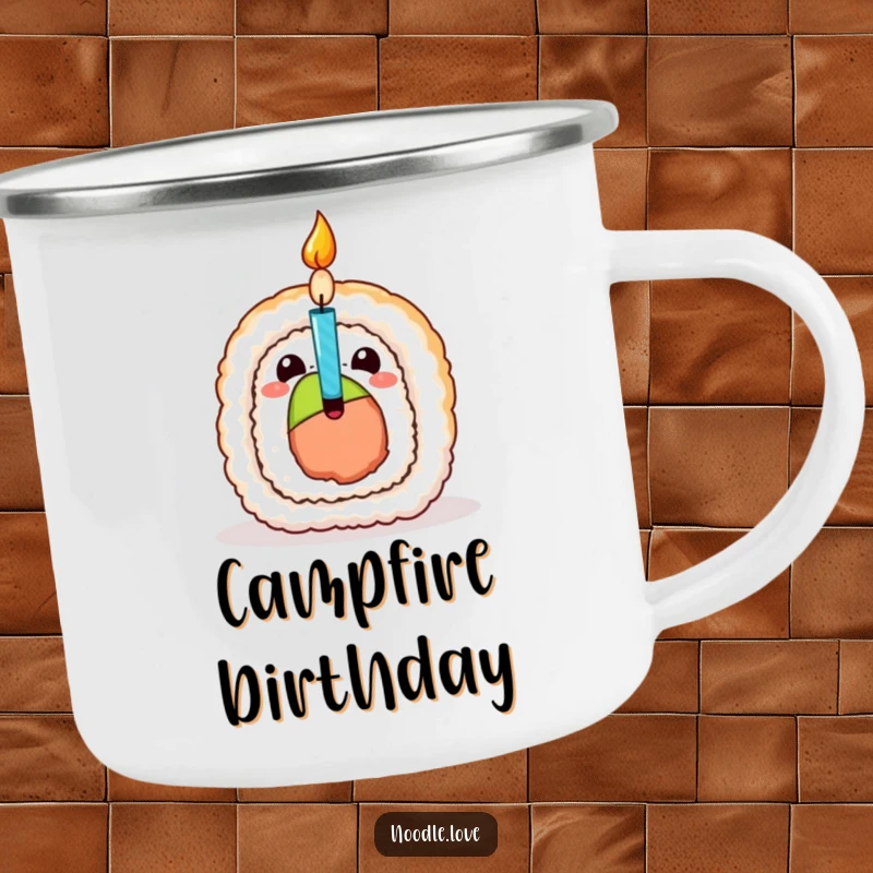 Funny Sushi Birthday Camping Mug, showing a sushi roll character opening with a surprise birthday candle, for outdoor festivities.