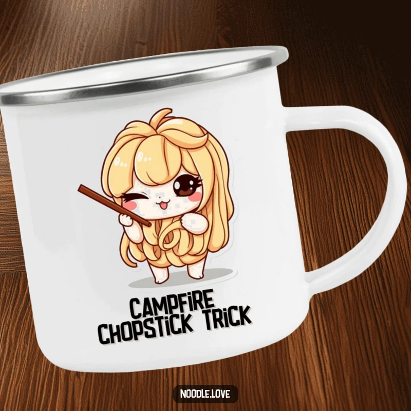 Funny camping mug with a mischievous noodle character winking and balancing chopsticks, perfect for outdoor meals and humor.