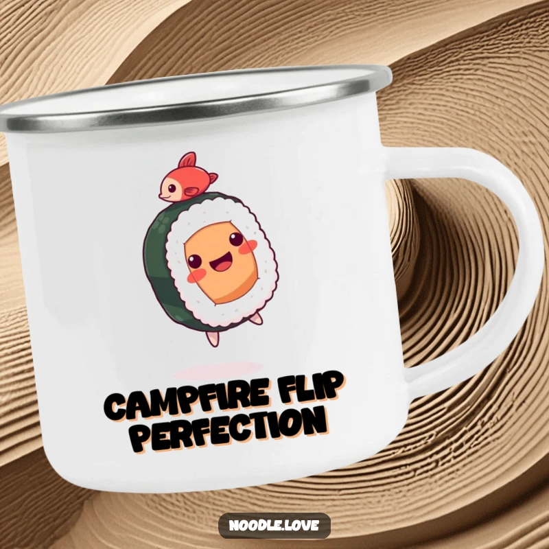 Funny Sushi Camping Mug: A happy sushi roll character doing a backflip with a tiny fish, for outdoor sushi lovers.