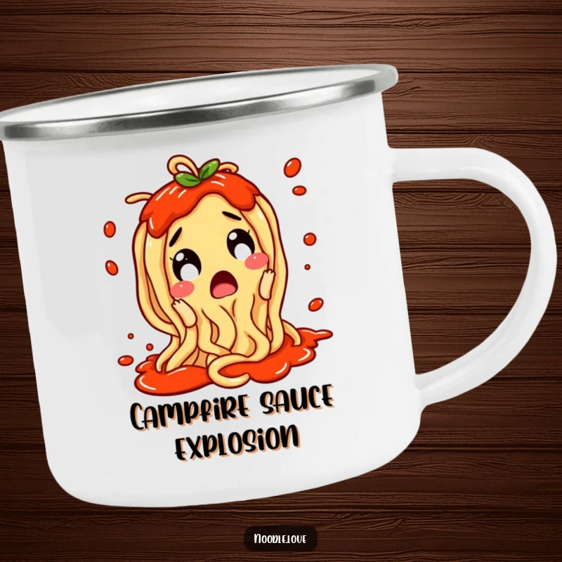 Funny Noodle Camping Mug: A surprised noodle character wiggling with excitement and sauce splattering, for outdoor dining.