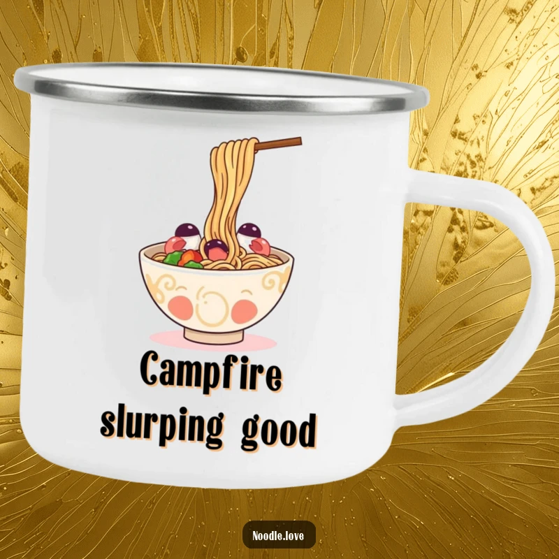 Funny Camping Mug: a happy ramen bowl playfully slurping its own noodles, perfect for outdoor dining and humor.