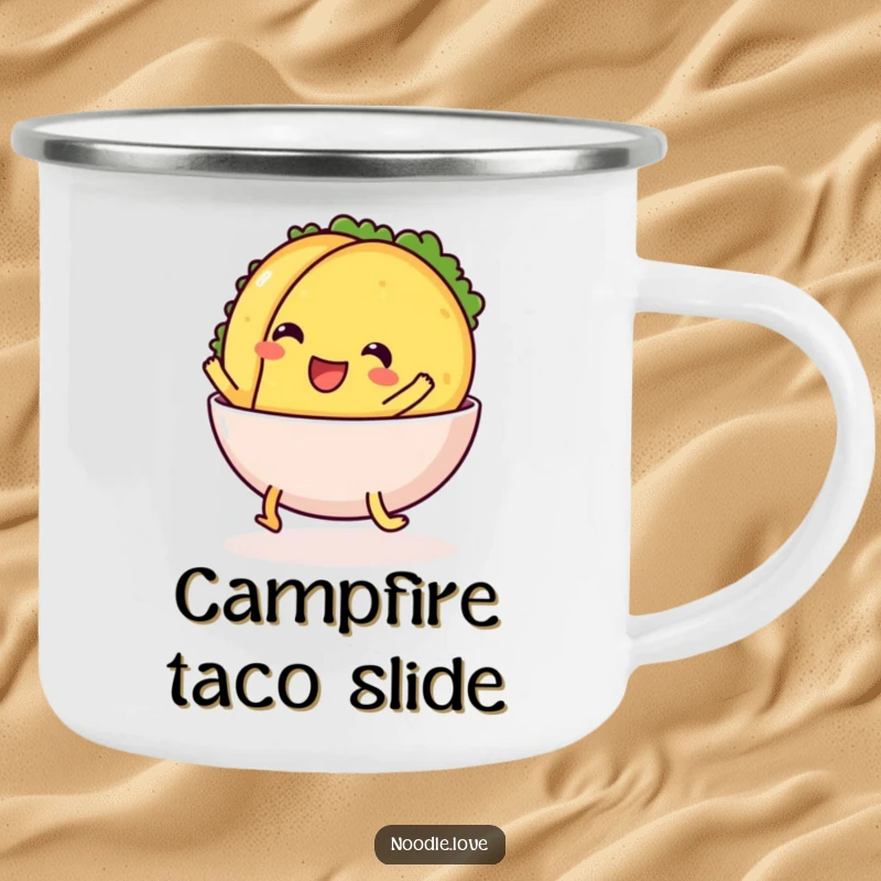 Funny Camping Mug: a cheerful taco with legs comically sliding into a bowl, perfect for outdoor dining and humor.