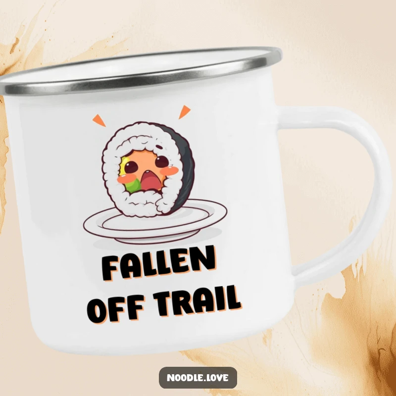 Funny sushi roll camping mug with a surprised character yelping while rolling off a plate, ideal for enjoying beverages during outdoor adventures.