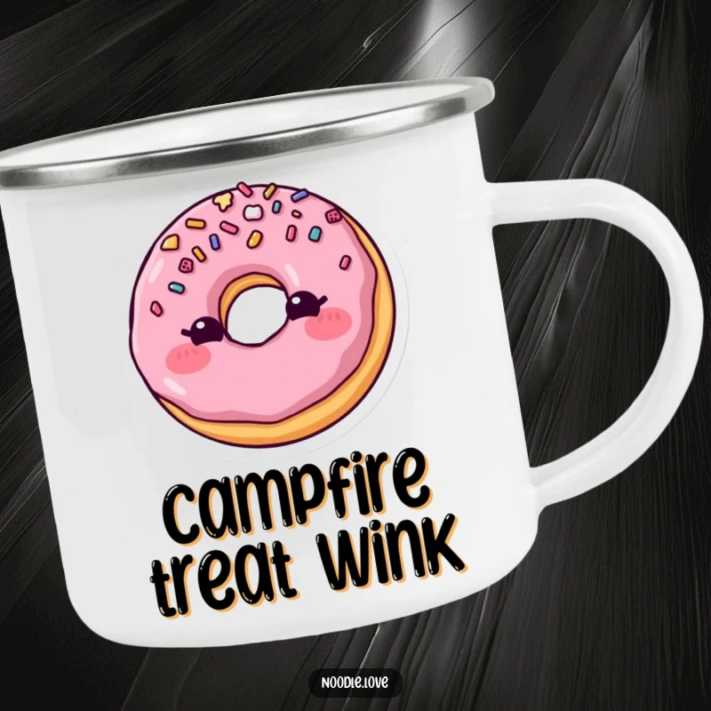 Funny Blushing Donut Camping Mug: A blushing donut with sprinkles winks, durable and funny gift for outdoor fun.