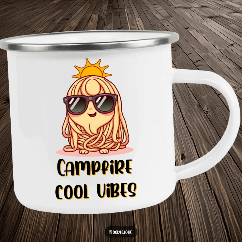 Funny happy noodle character wearing tiny sunglasses on a sunny day, durable outdoor mug.