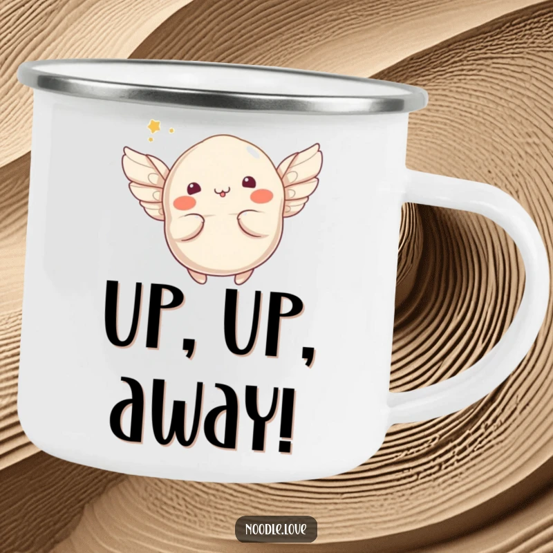 Funny flying dumpling camping mug with a whimsical character sprouting tiny wings, ideal for enjoying beverages during outdoor adventures.