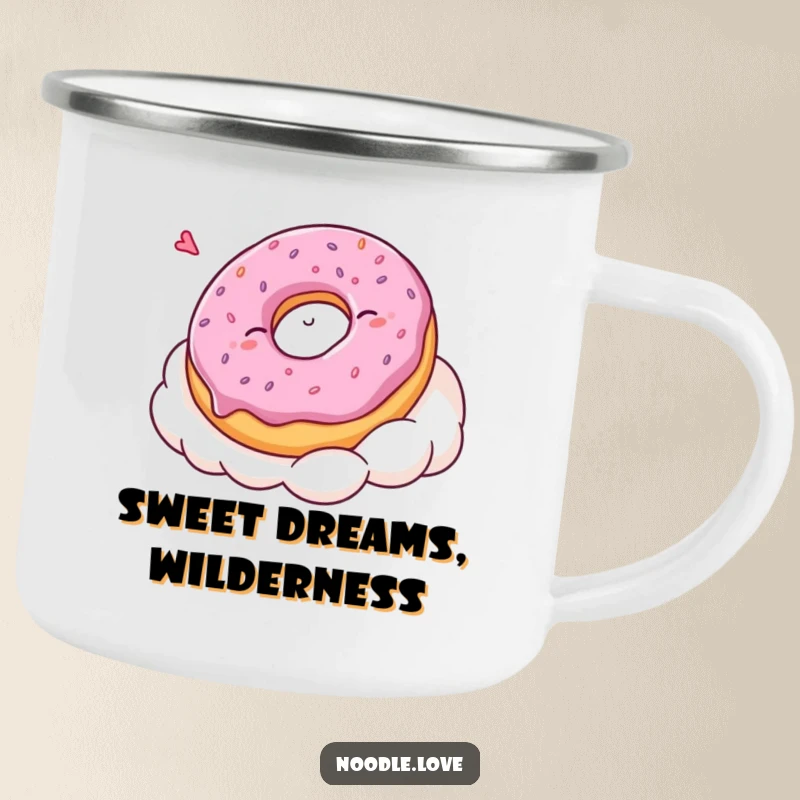 Funny Kawaii donut character sleeping peacefully on a cloud, depicted on a durable and humorous camping mug for outdoor enjoyment.